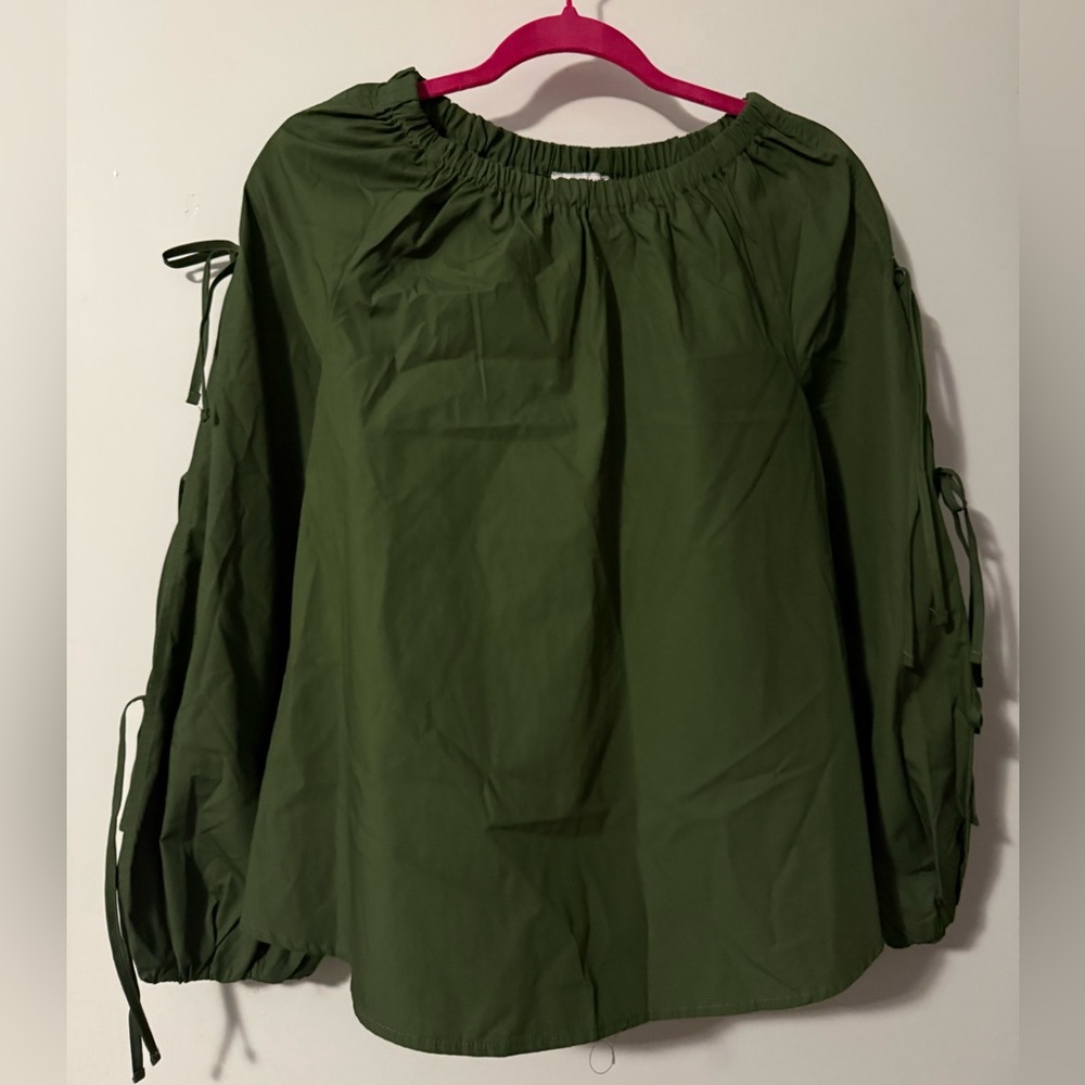 Free Assembly Women’s Olive Green Off-Shoulder Tie-Sleeve Blouse